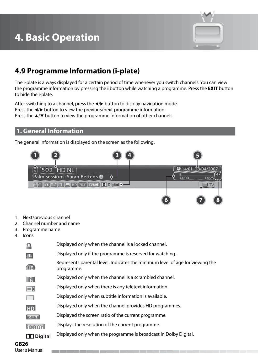 Humax IHDR-5050C user manual Programme Information i-plate, General Information, GB26 