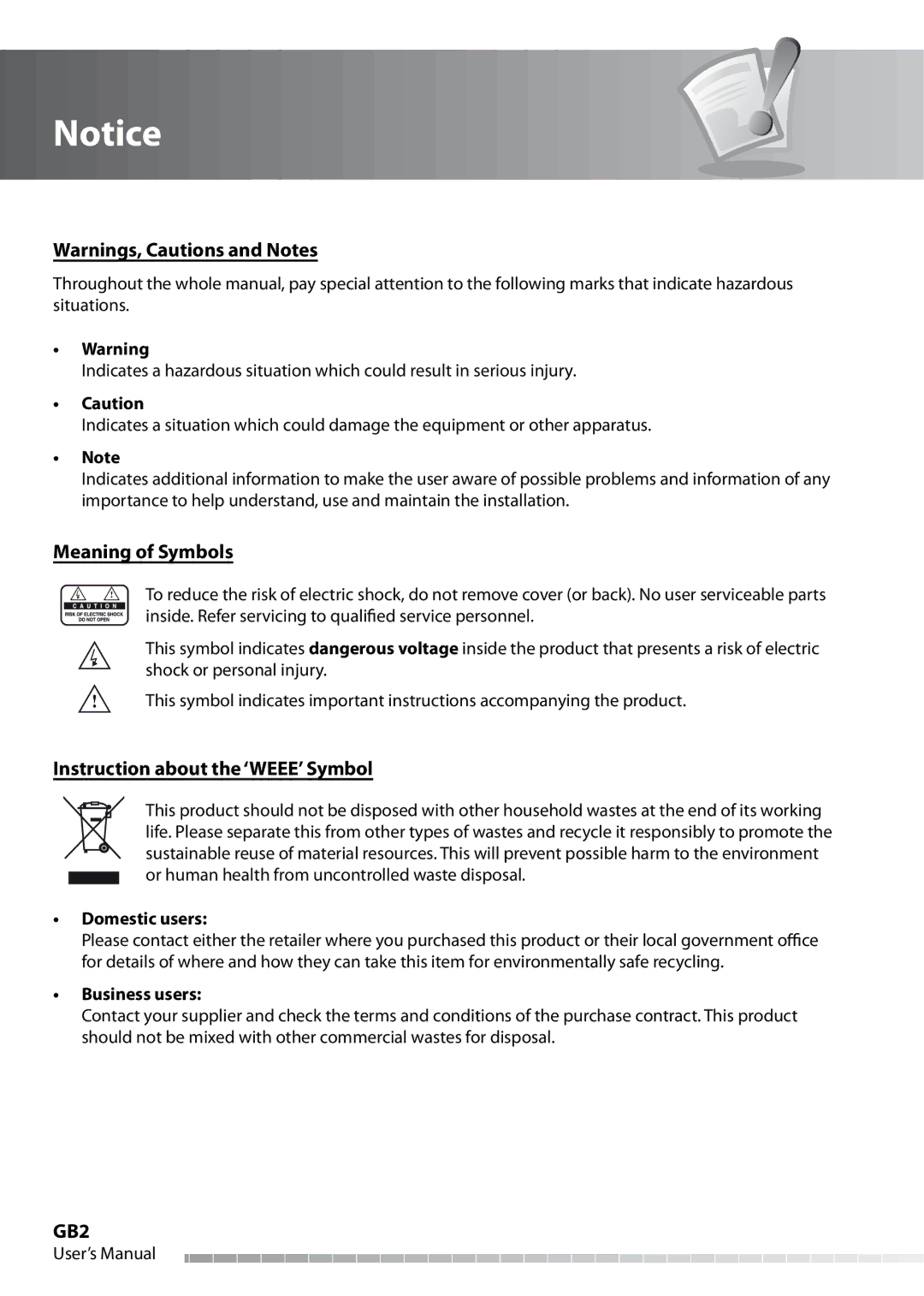 Humax IHDR-5050C user manual Meaning of Symbols, Instruction about the ‘WEEE’ Symbol, Domestic users, Business users 