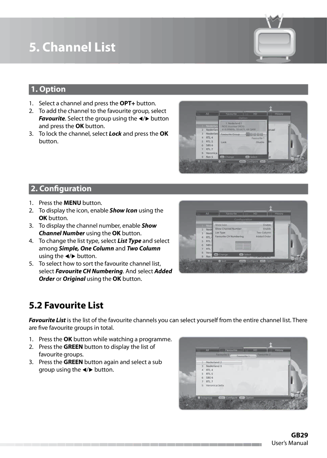 Humax IHDR-5050C user manual Favourite List, Option, Configuration, GB29 