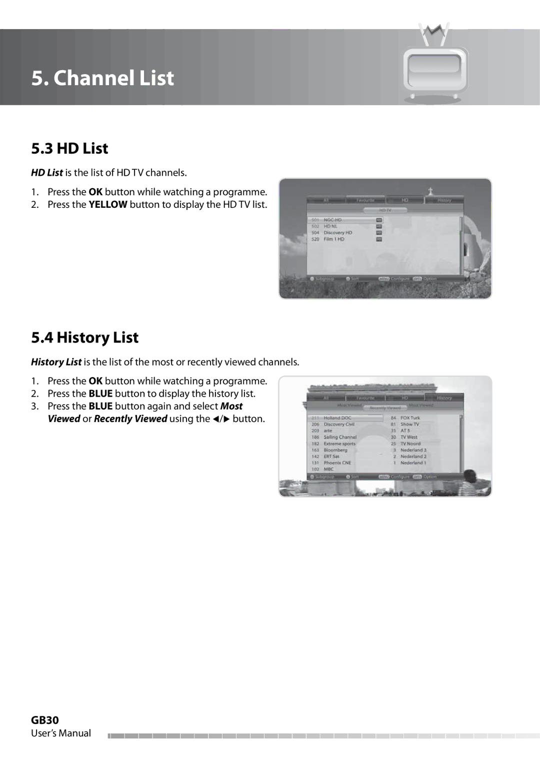 Humax IHDR-5050C user manual HD List, History List, GB30 