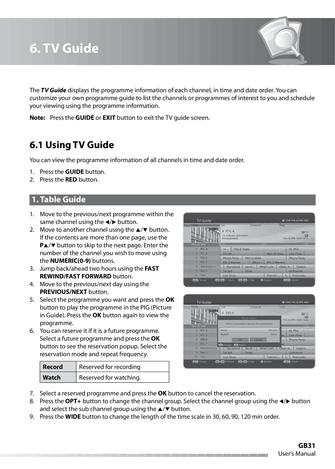 Humax IHDR-5050C user manual Using TV Guide, Table Guide, GB31 