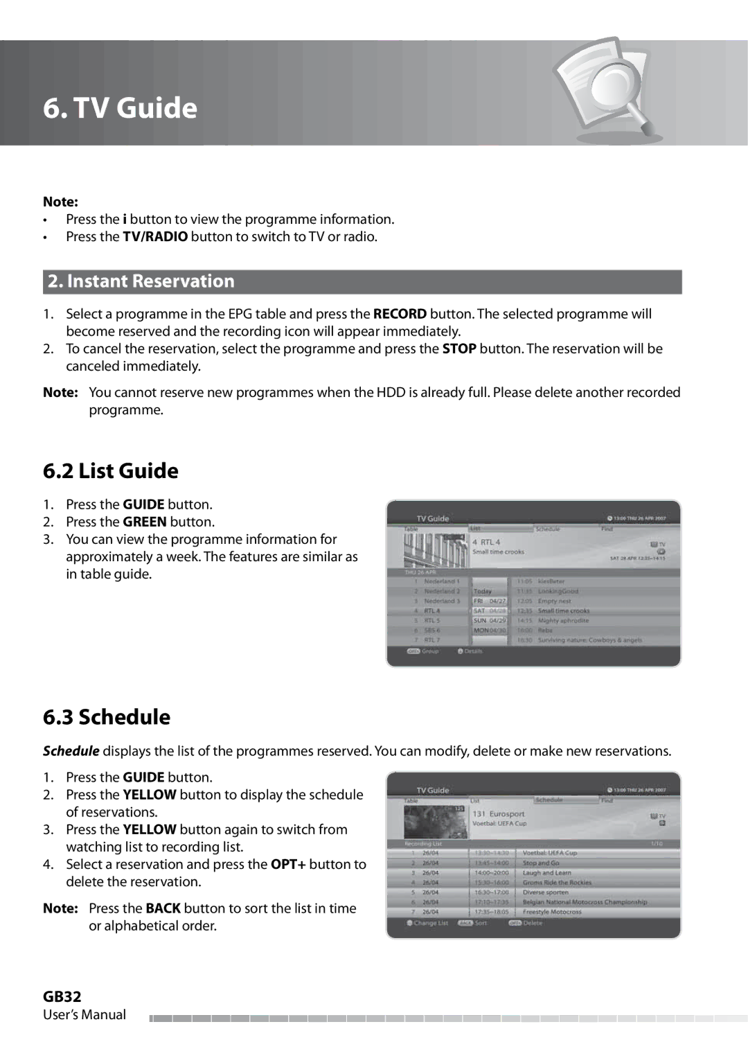 Humax IHDR-5050C user manual List Guide, Schedule, Instant Reservation, GB32 