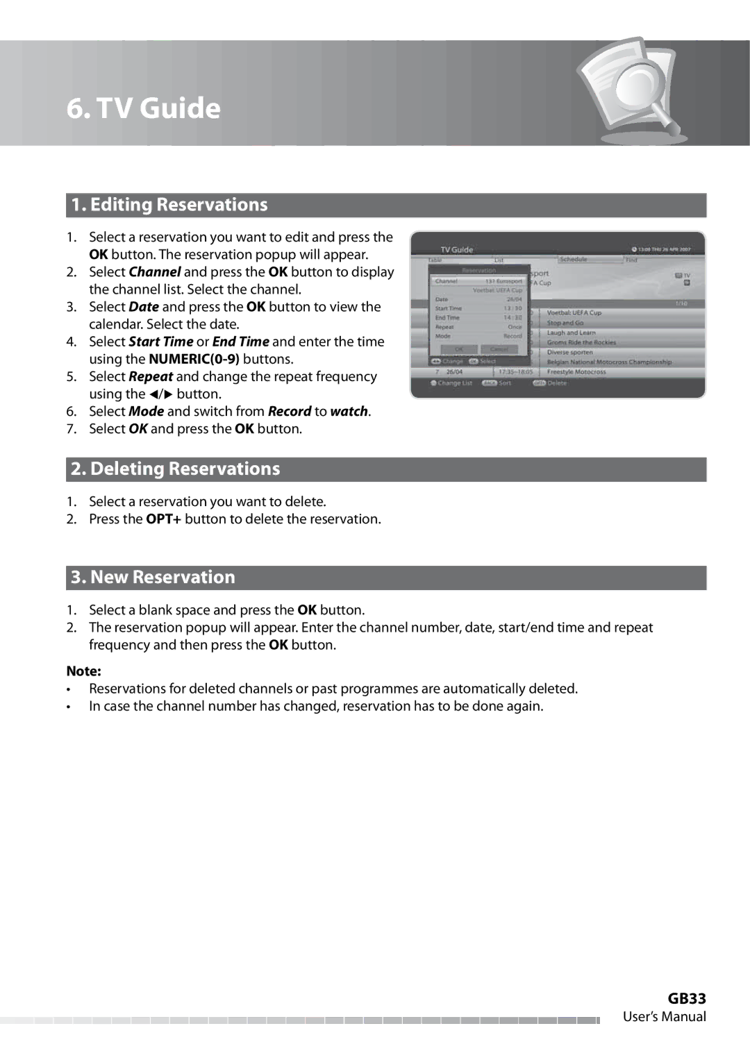 Humax IHDR-5050C user manual Editing Reservations, Deleting Reservations, New Reservation, GB33 