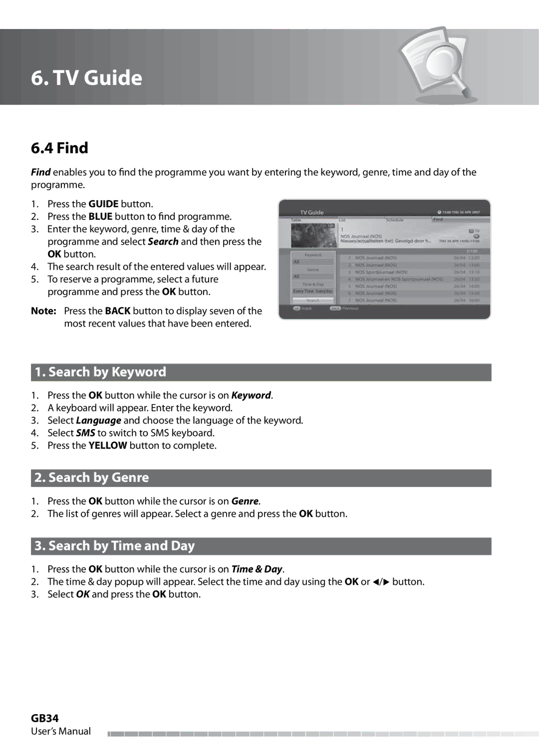 Humax IHDR-5050C user manual Find, Search by Keyword, Search by Genre, Search by Time and Day, GB34 