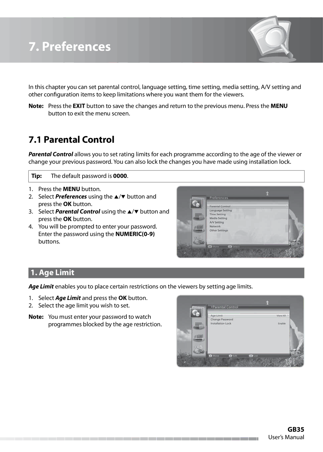 Humax IHDR-5050C user manual Preferences, Parental Control, Age Limit, GB35 