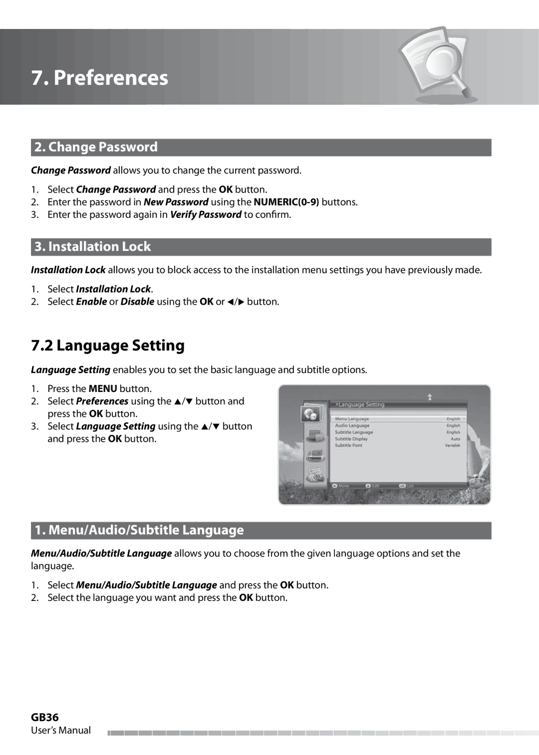 Humax IHDR-5050C user manual Language Setting, Change Password, Installation Lock, Menu/Audio/Subtitle Language, GB36 