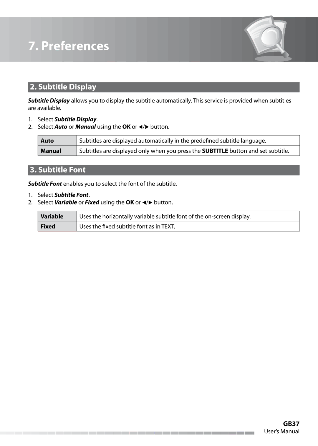 Humax IHDR-5050C user manual Subtitle Display, Subtitle Font, GB37 