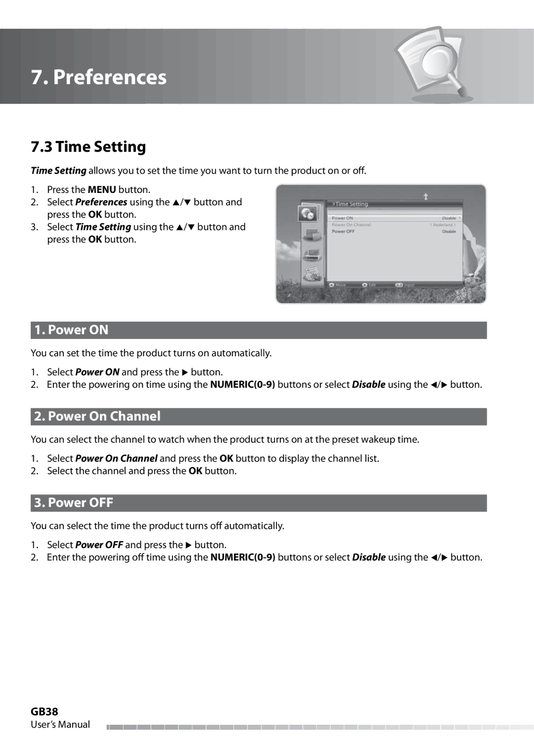 Humax IHDR-5050C user manual Time Setting, Power on, Power On Channel, Power OFF, GB38 