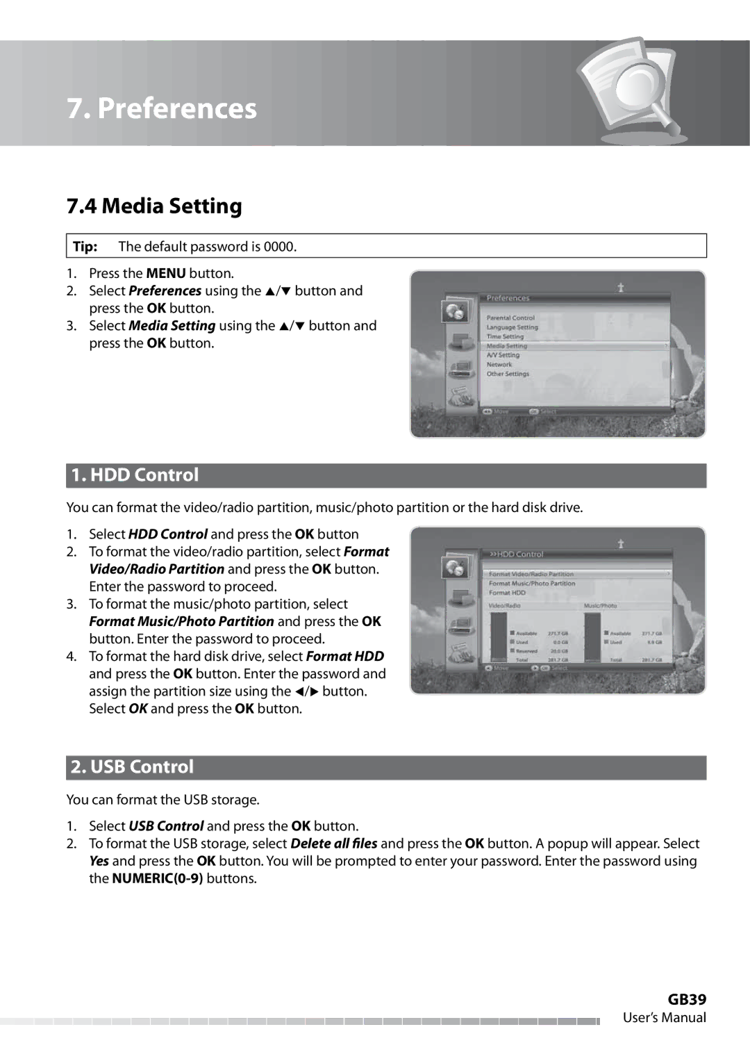 Humax IHDR-5050C user manual Media Setting, HDD Control, USB Control, GB39 