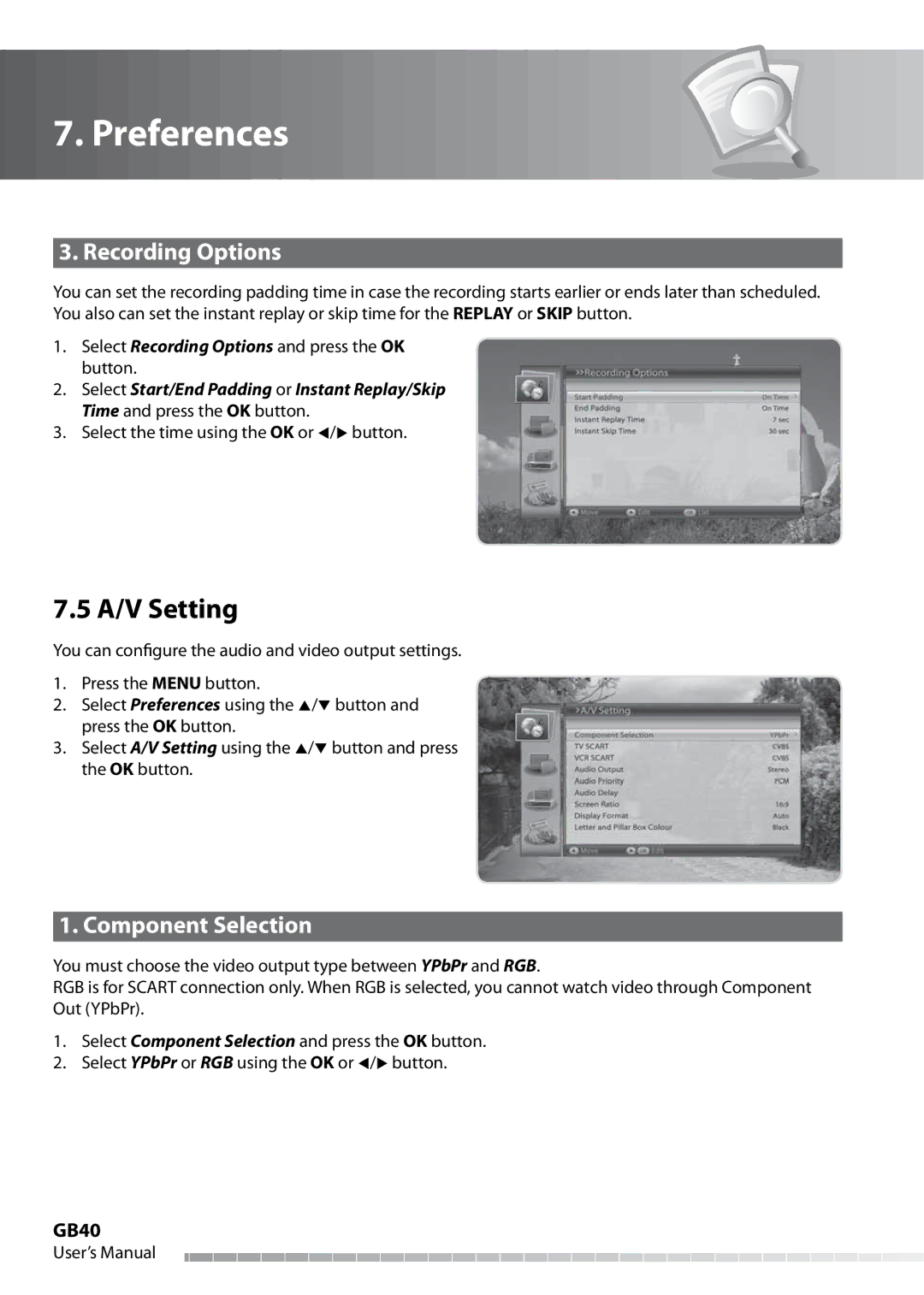 Humax IHDR-5050C user manual A/V Setting, Recording Options, Component Selection, GB40 