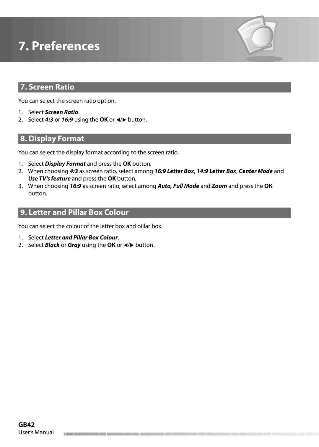 Humax IHDR-5050C user manual Screen Ratio, Display Format, Letter and Pillar Box Colour, GB42 