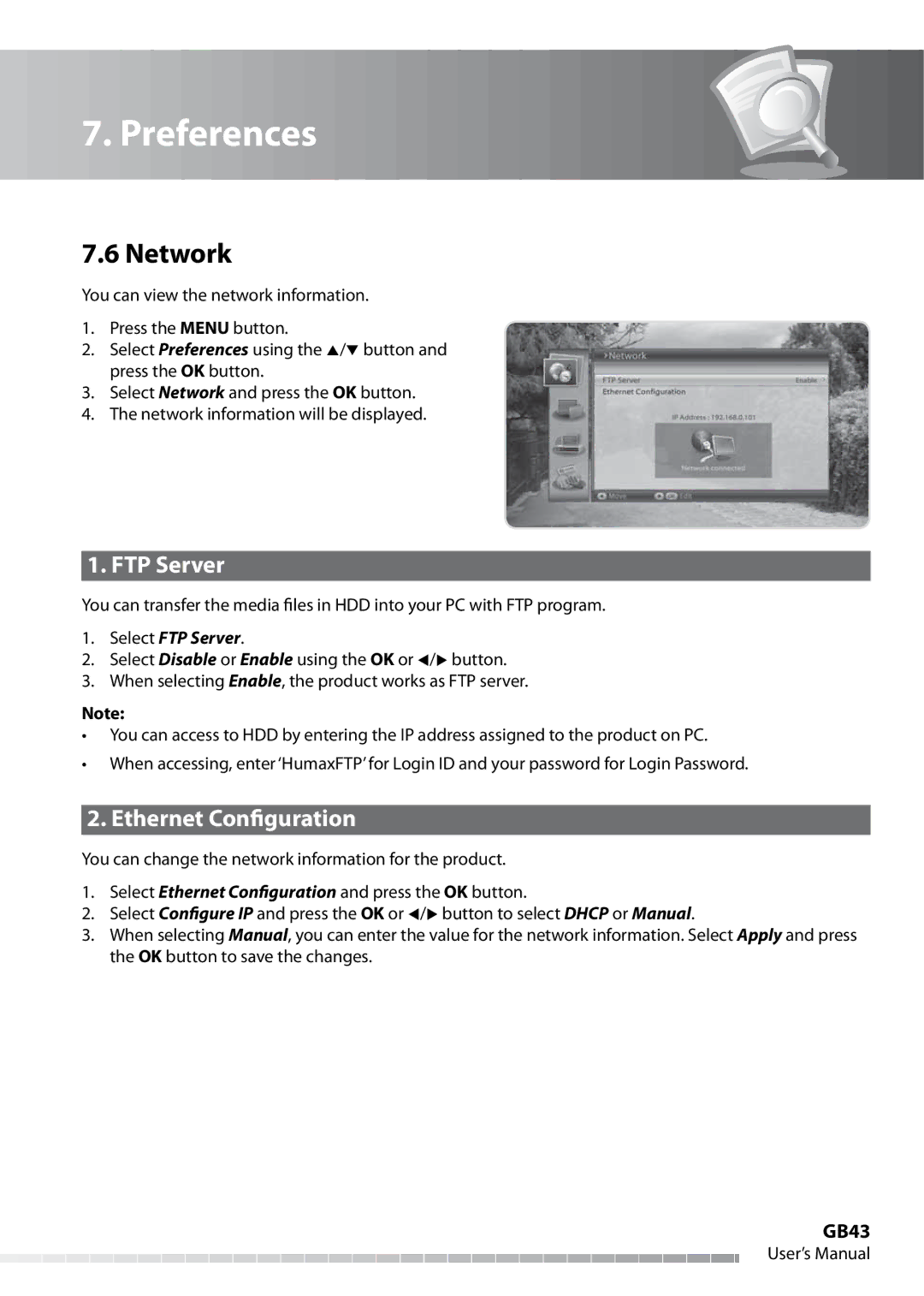 Humax IHDR-5050C user manual Network, FTP Server, Ethernet Configuration, GB43 