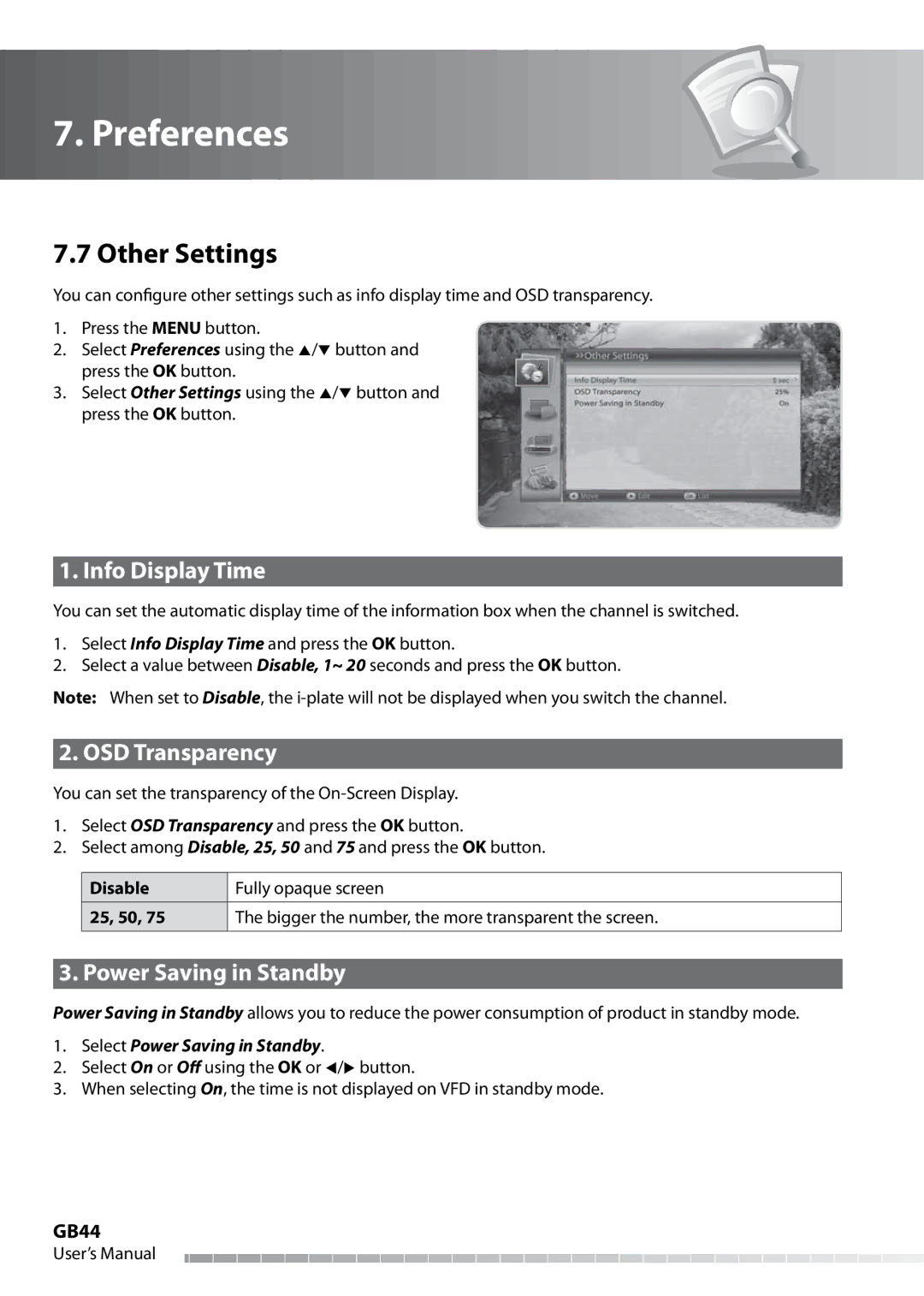 Humax IHDR-5050C user manual Other Settings, Info Display Time, OSD Transparency, Power Saving in Standby, GB44 