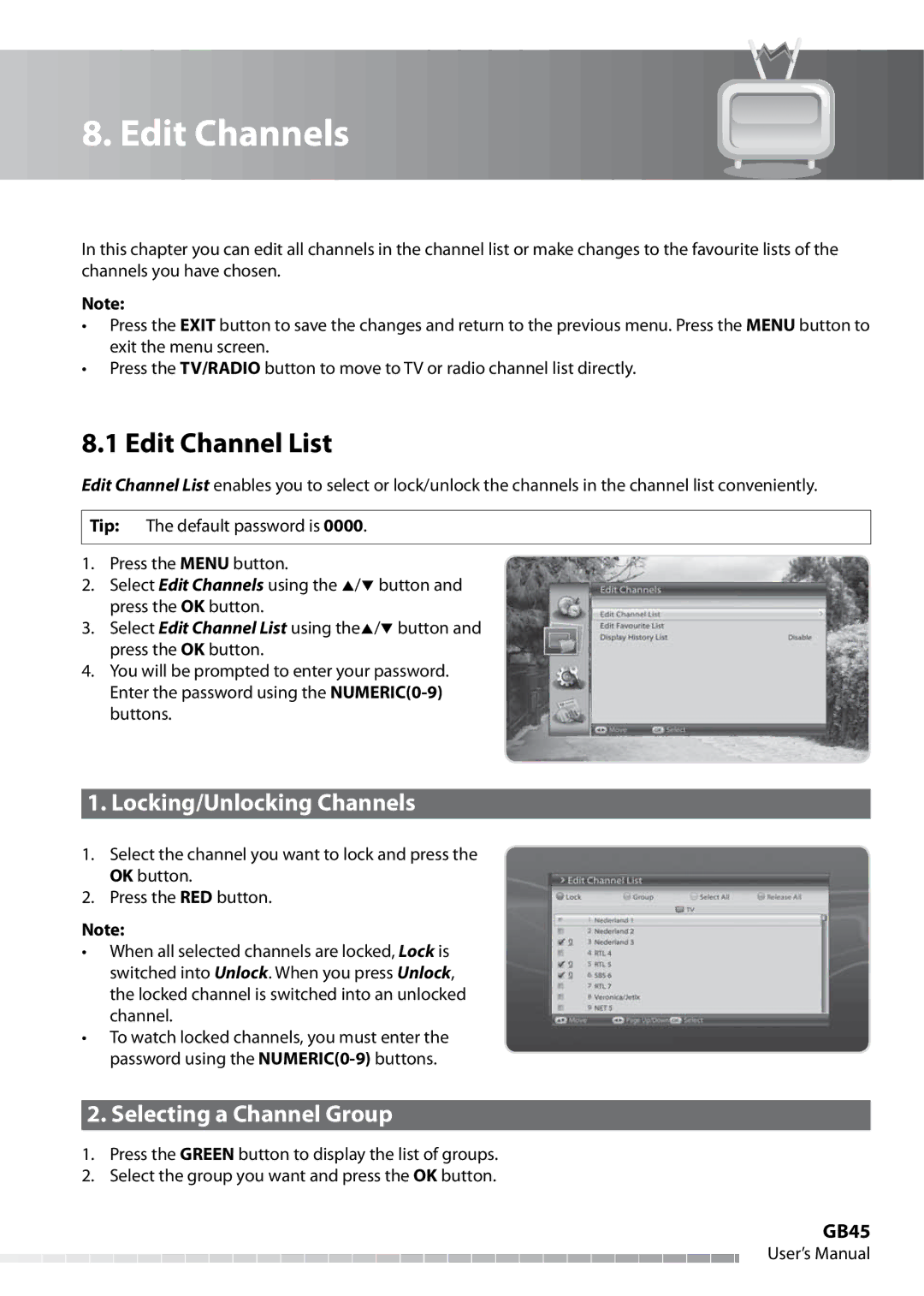 Humax IHDR-5050C user manual Edit Channels, Edit Channel List, Locking/Unlocking Channels, Selecting a Channel Group, GB45 