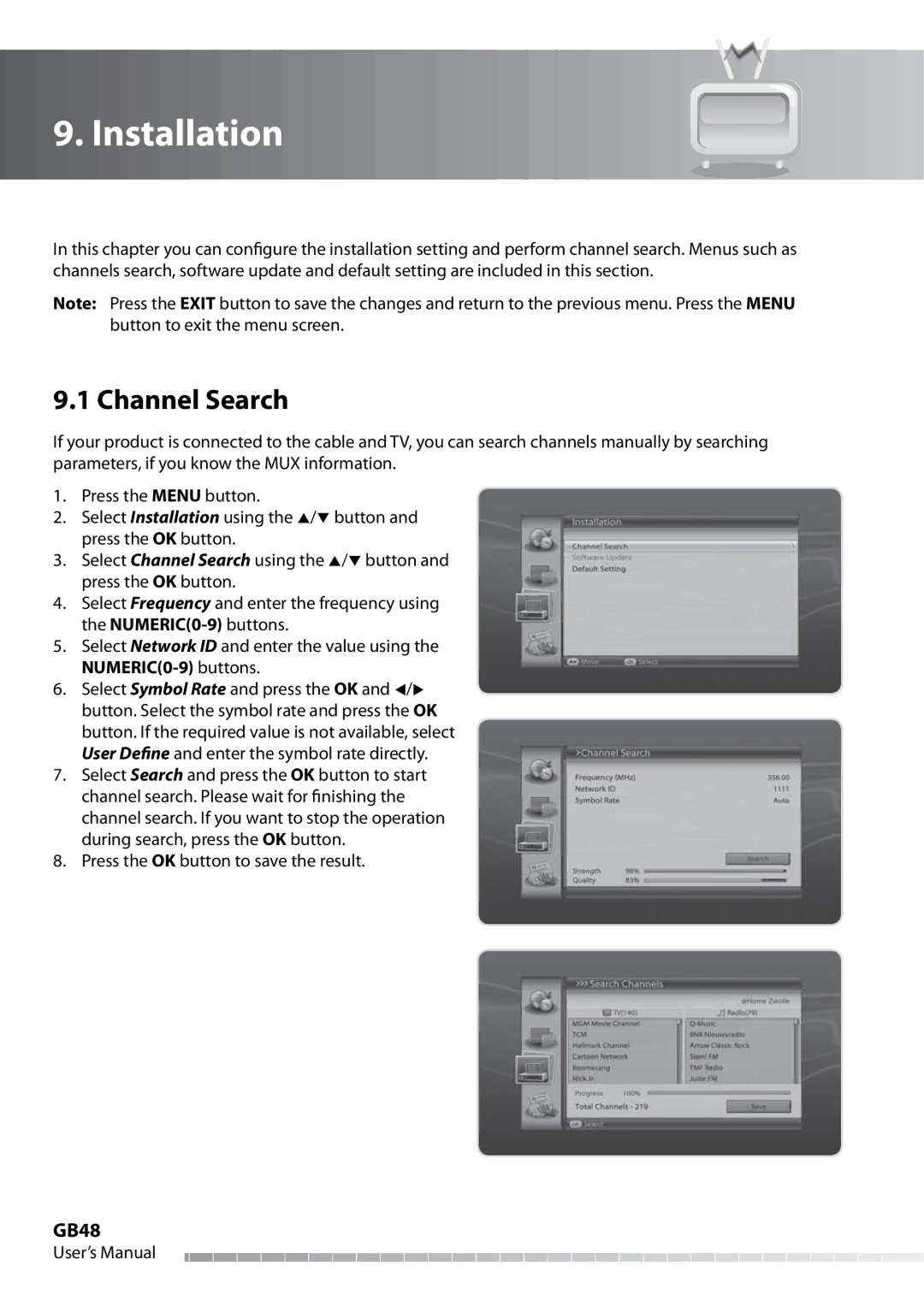 Humax IHDR-5050C user manual Installation, Channel Search, GB48 