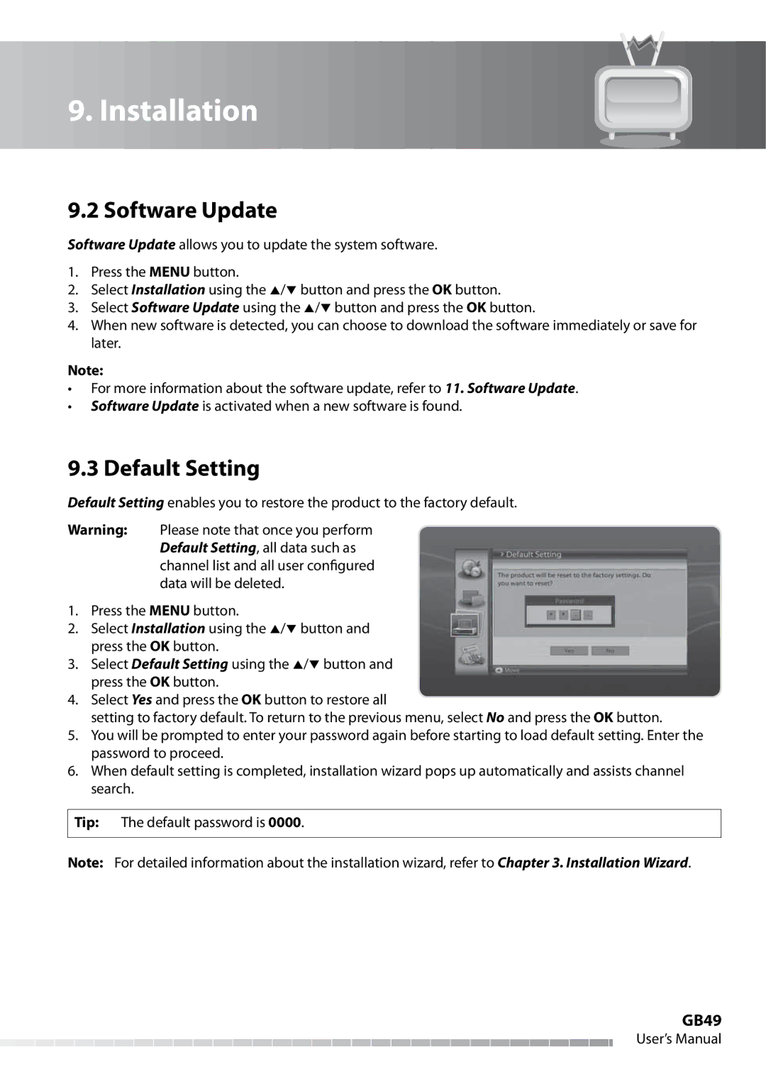 Humax IHDR-5050C user manual Software Update, Default Setting, GB49 