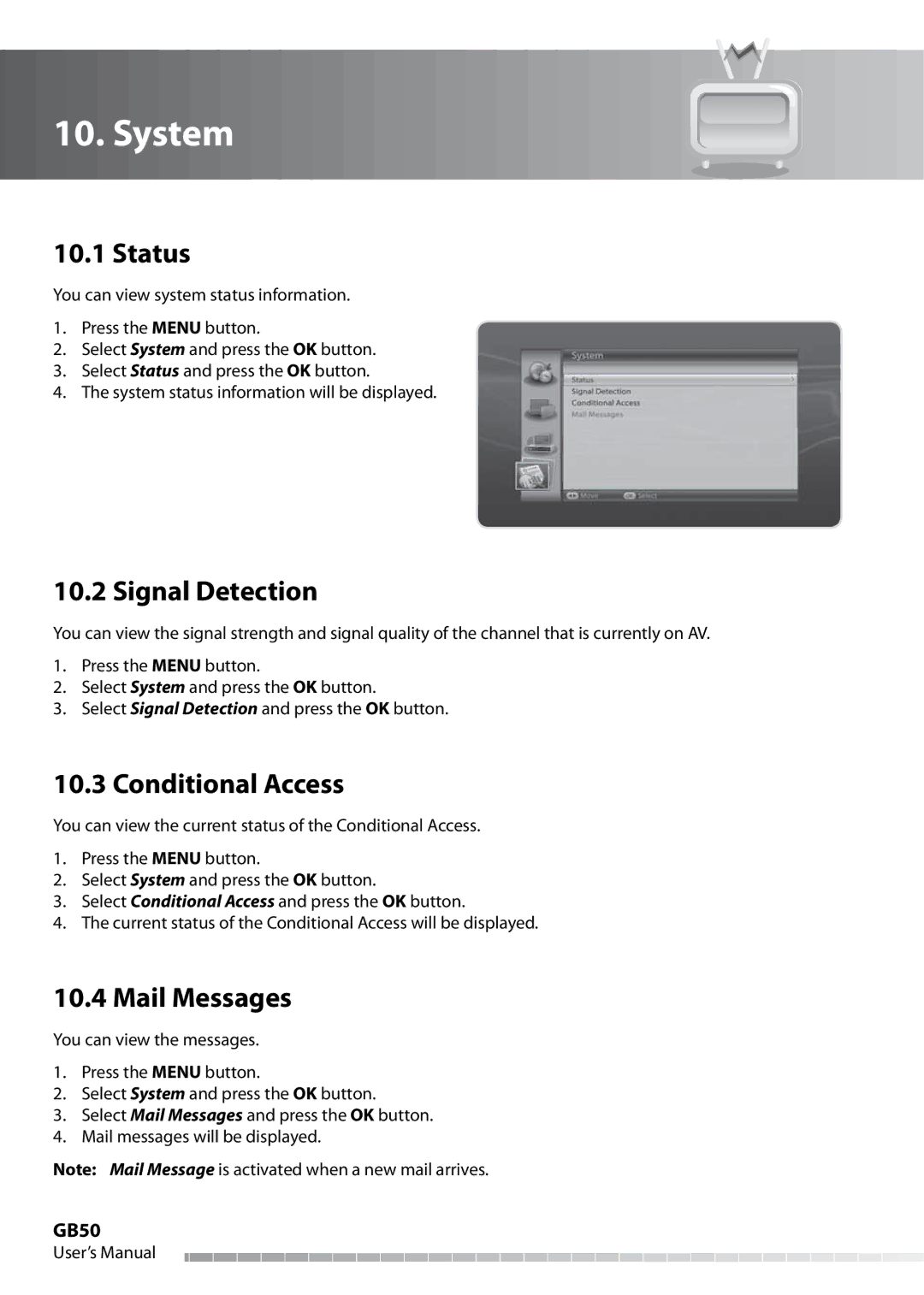 Humax IHDR-5050C user manual System, Status, Signal Detection, Mail Messages, GB50 