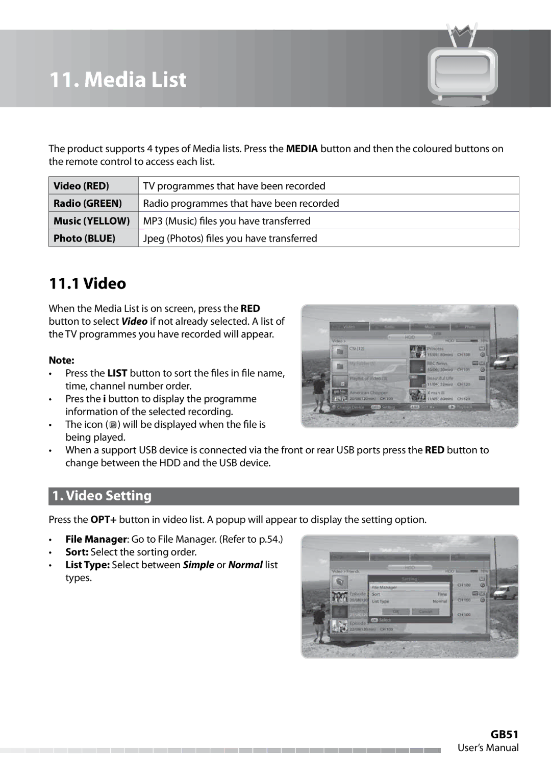 Humax IHDR-5050C user manual Media List, Video Setting, GB51 