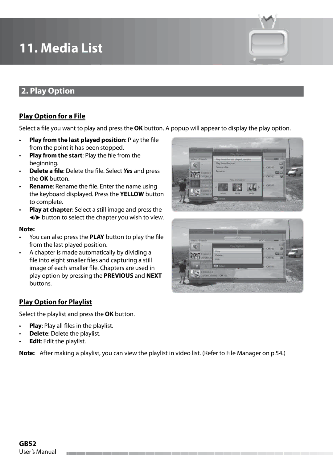 Humax IHDR-5050C user manual Play Option for a File, Play Option for Playlist, GB52 