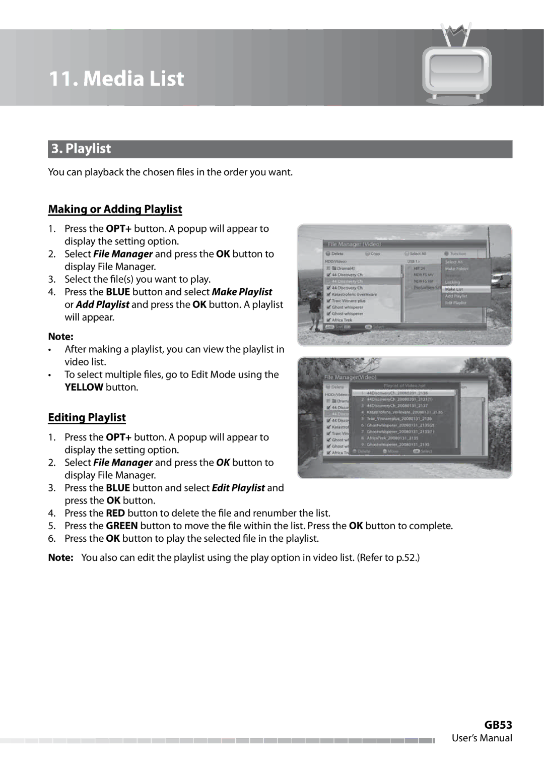 Humax IHDR-5050C user manual Making or Adding Playlist, Editing Playlist, GB53 