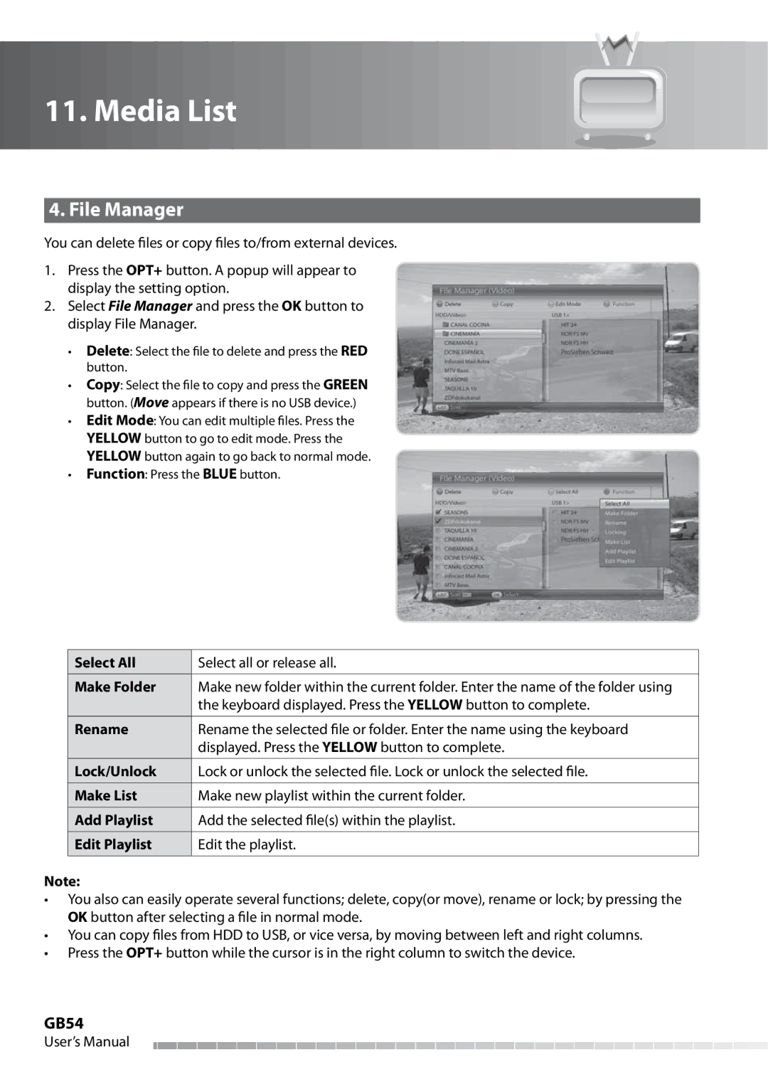 Humax IHDR-5050C user manual File Manager, GB54 