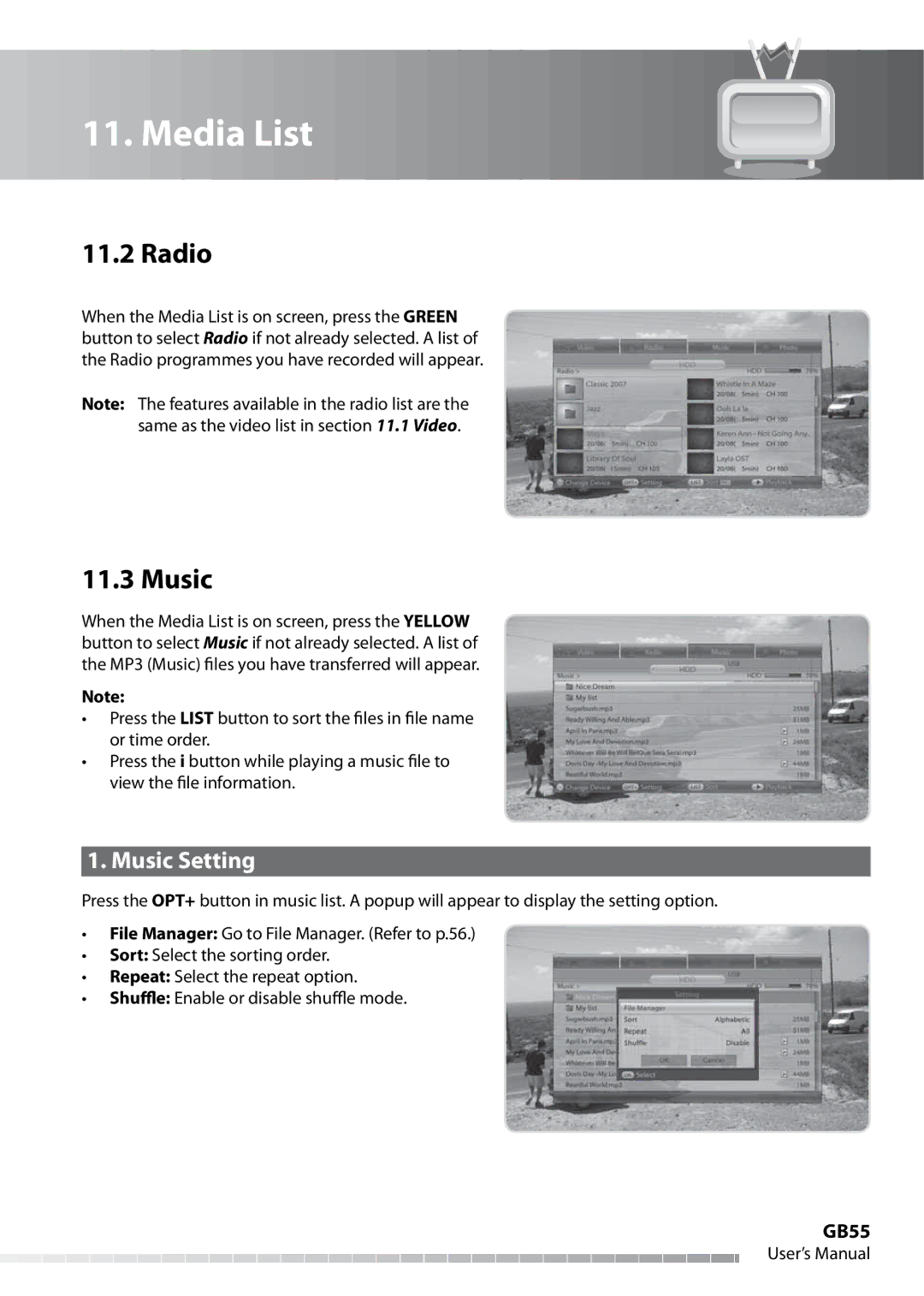 Humax IHDR-5050C user manual Radio, Music Setting, GB55 