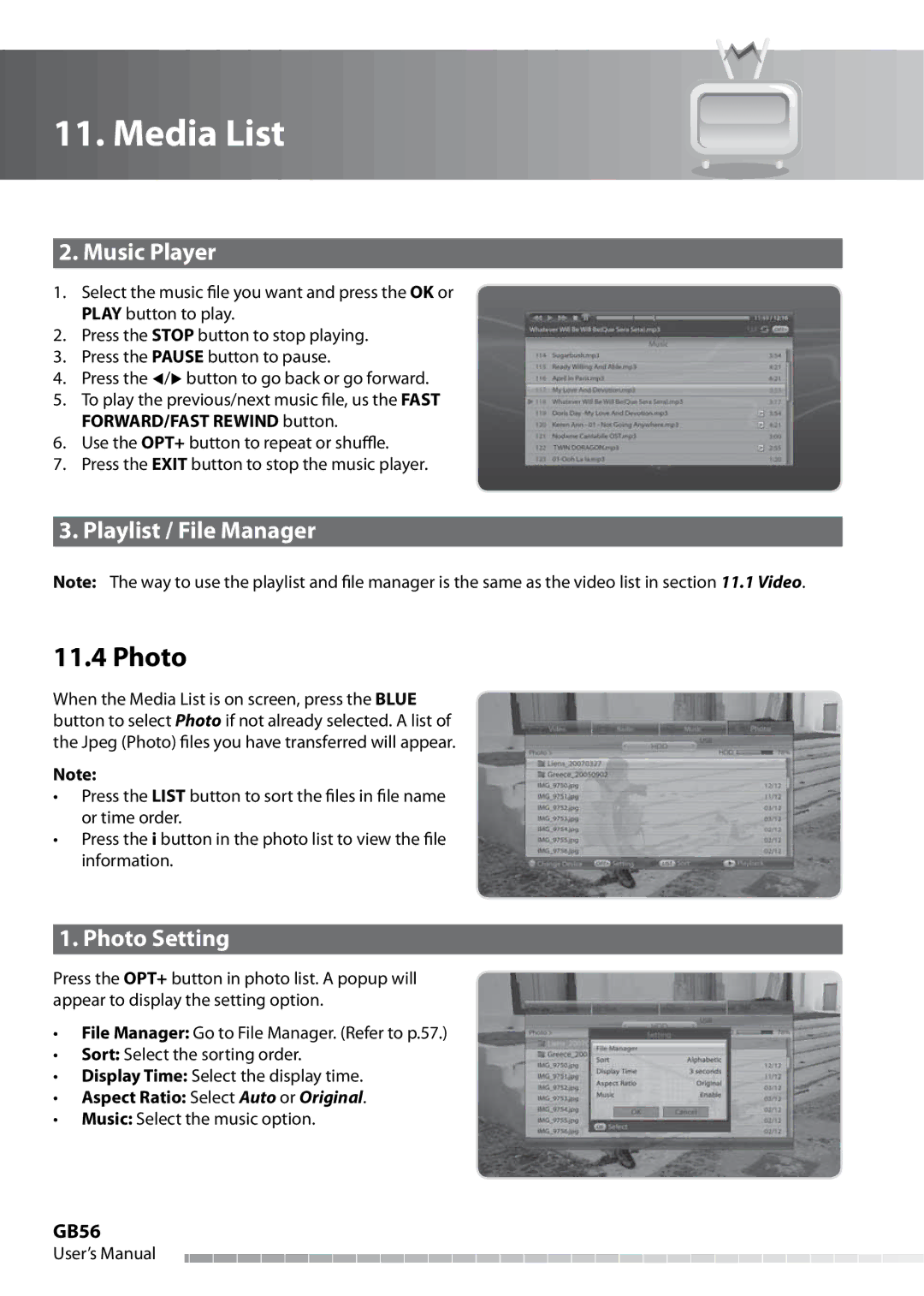 Humax IHDR-5050C user manual Music Player, Playlist / File Manager, Photo Setting, GB56 