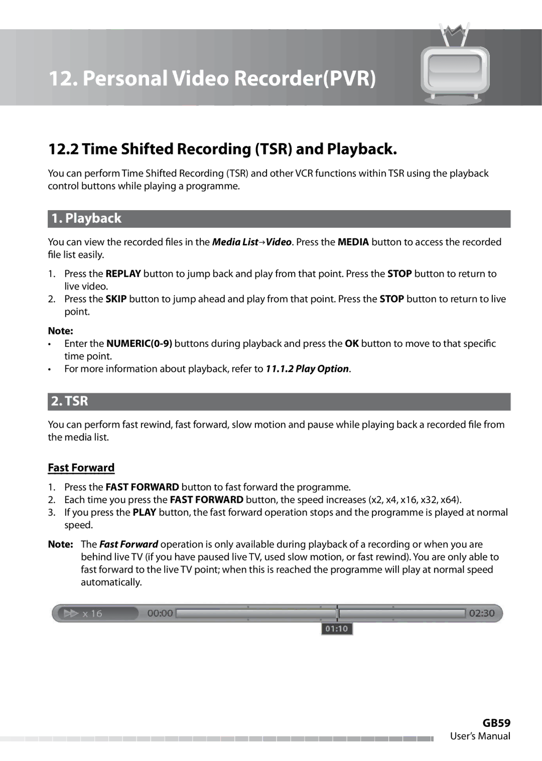 Humax IHDR-5050C user manual Time Shifted Recording TSR and Playback, Tsr, Fast Forward, GB59 