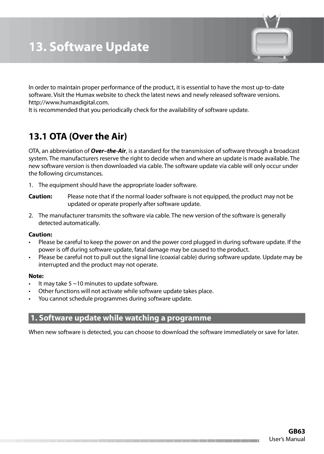 Humax IHDR-5050C user manual Software Update, OTA Over the Air, Software update while watching a programme, GB63 