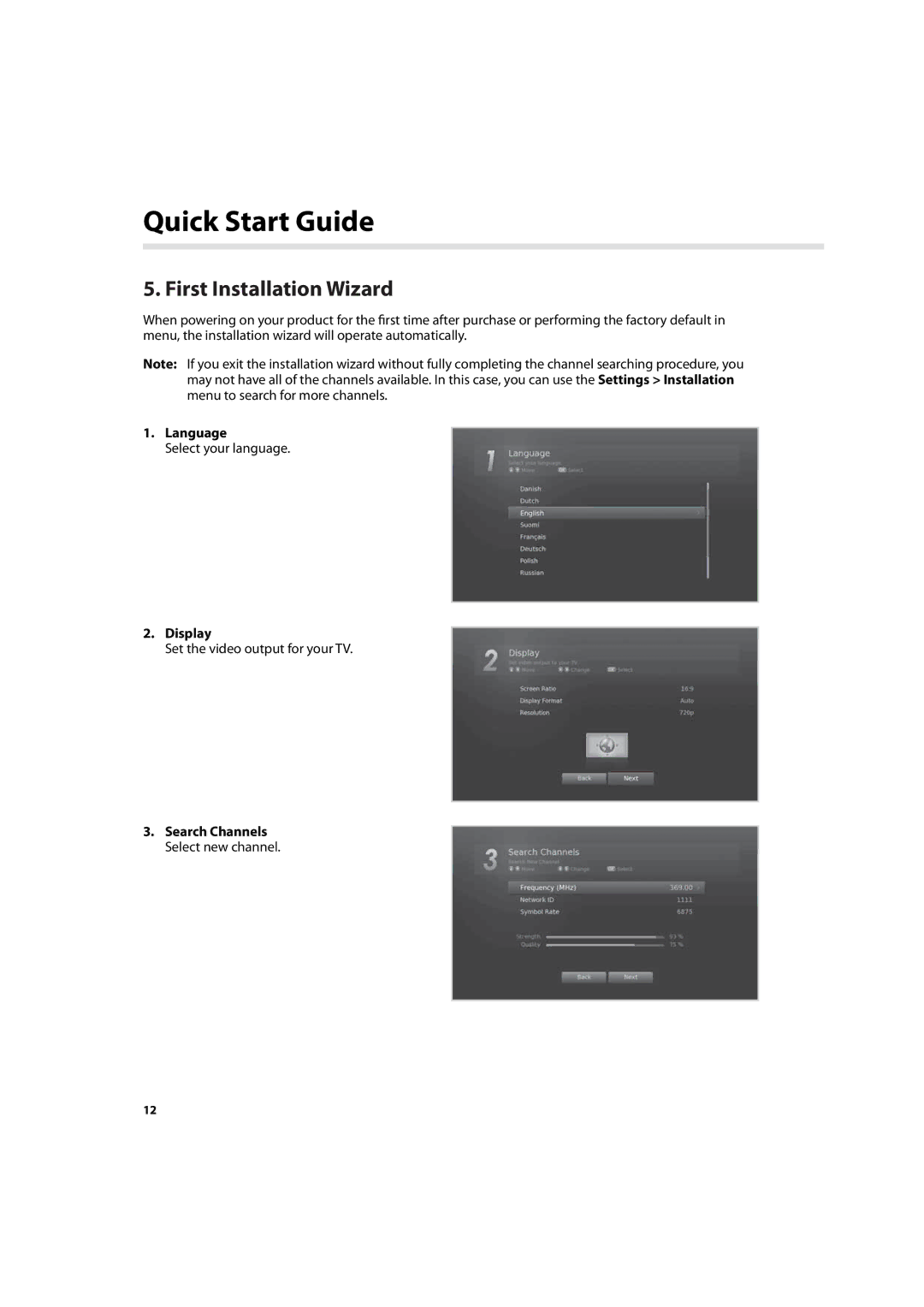 Humax IHDR-5200C user manual First Installation Wizard, Language, Display 