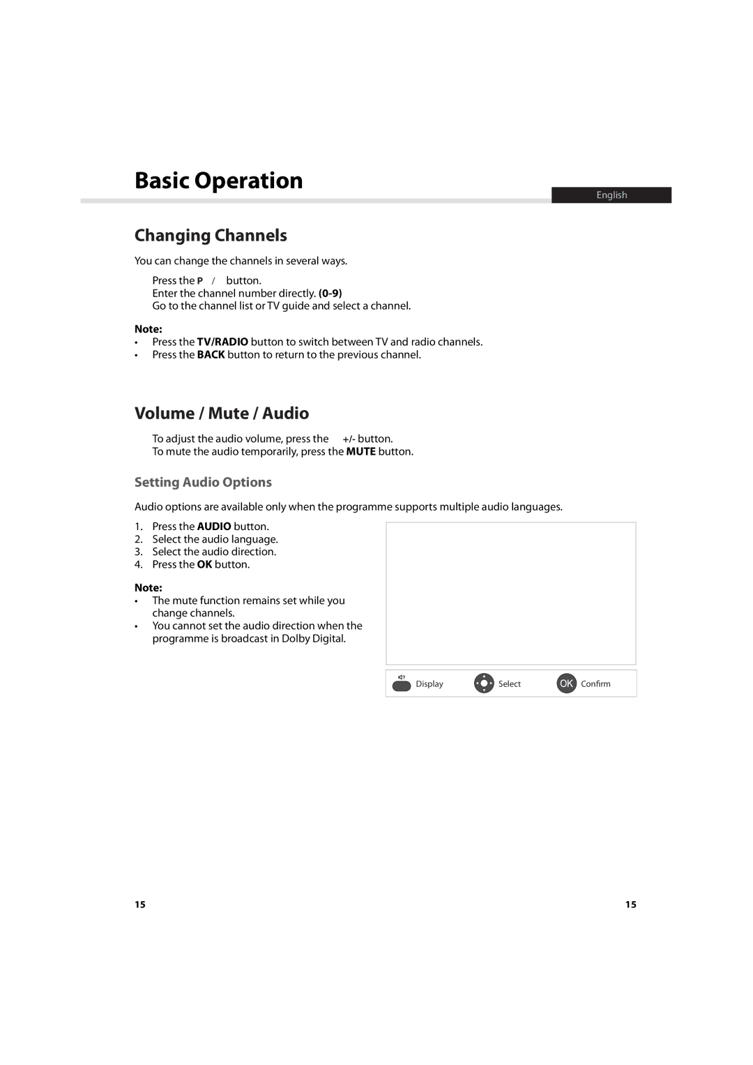 Humax IHDR-5200C user manual Basic Operation, Changing Channels, Volume / Mute / Audio, Setting Audio Options 