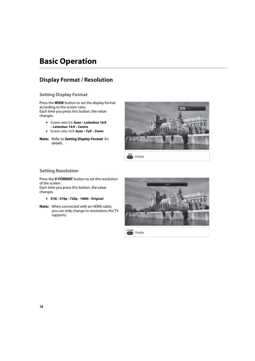 Humax IHDR-5200C user manual Display Format / Resolution, Setting Display Format, Setting Resolution 