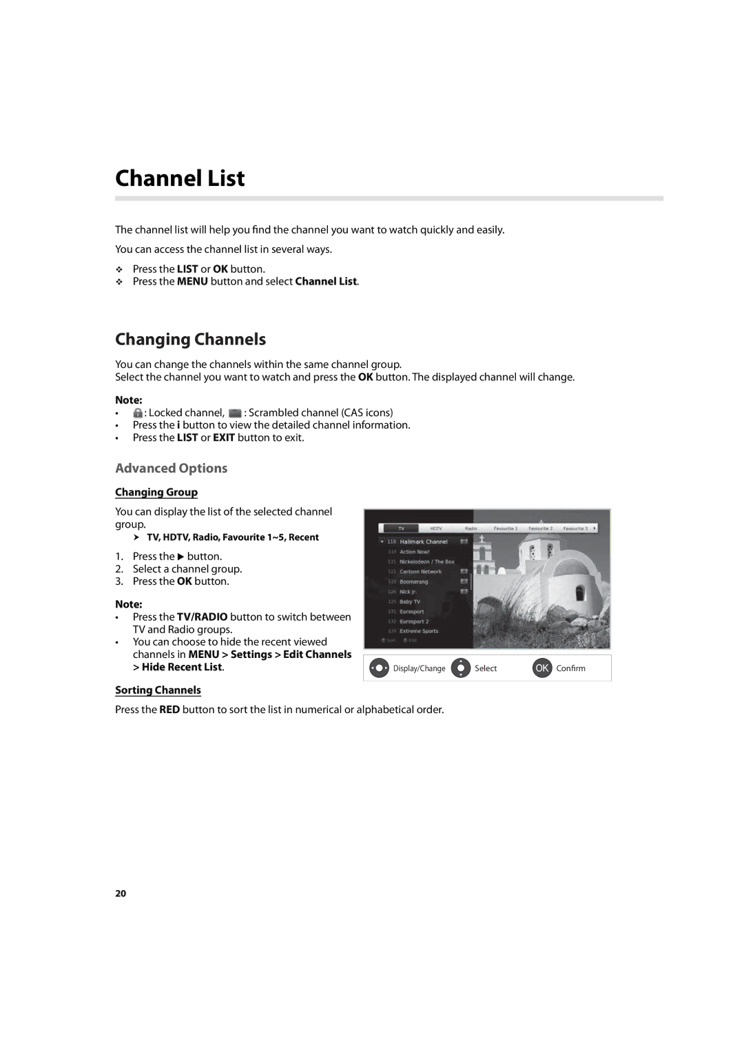 Humax IHDR-5200C user manual Channel List, Advanced Options, Changing Group, Sorting Channels 