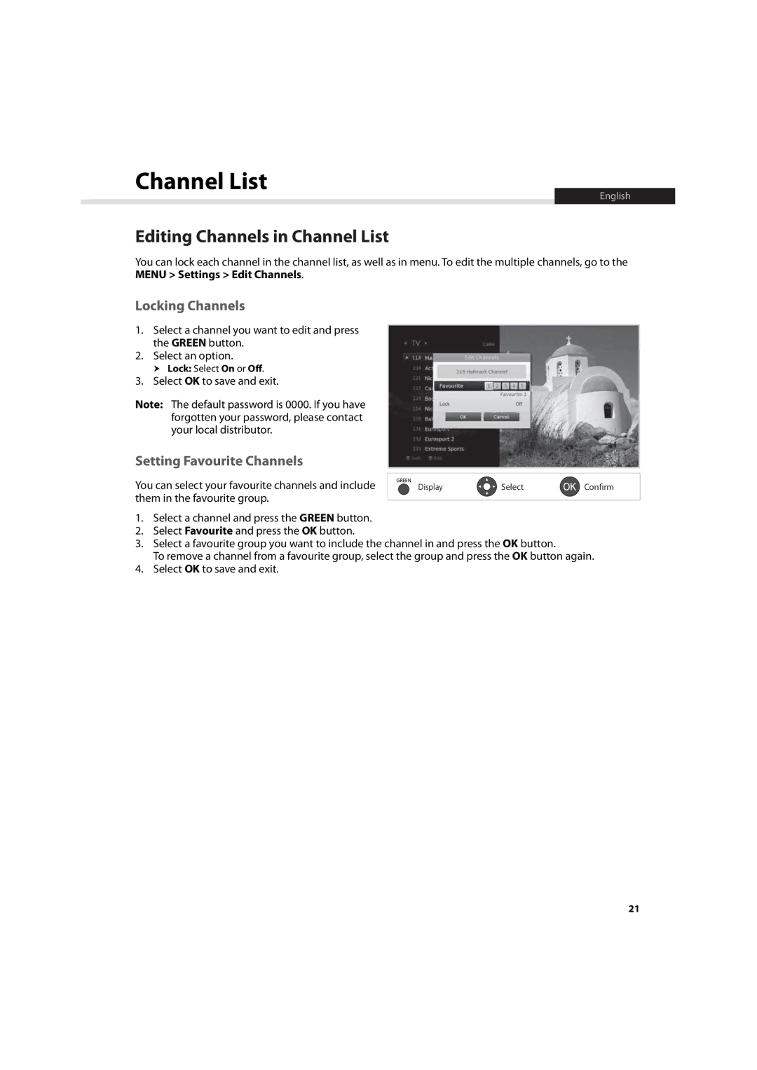 Humax IHDR-5200C user manual Editing Channels in Channel List, Locking Channels, Setting Favourite Channels 