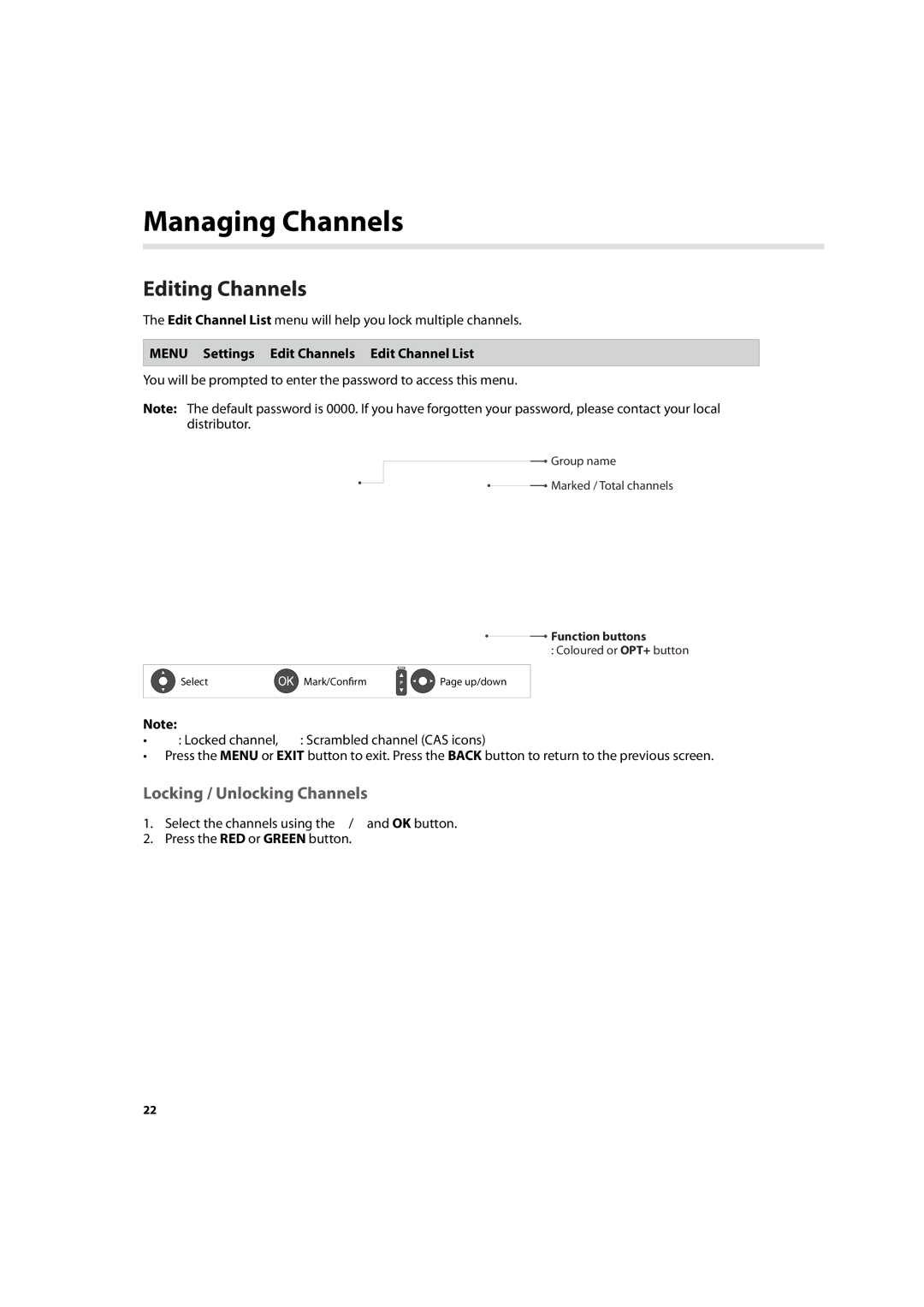 Humax IHDR-5200C user manual Managing Channels, Editing Channels, Locking / Unlocking Channels 