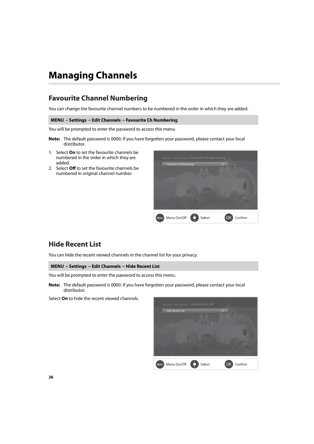 Humax IHDR-5200C Favourite Channel Numbering, Hide Recent List, Menu Settings Edit Channels Favourite Ch Numbering 