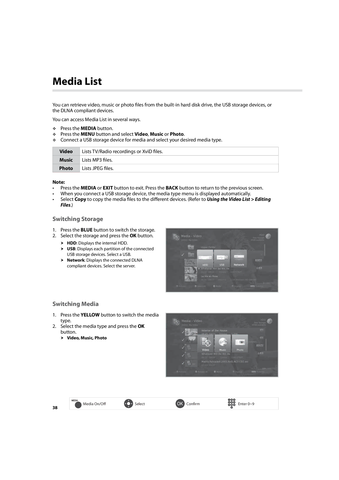 Humax IHDR-5200C user manual Media List, Switching Storage, Switching Media 