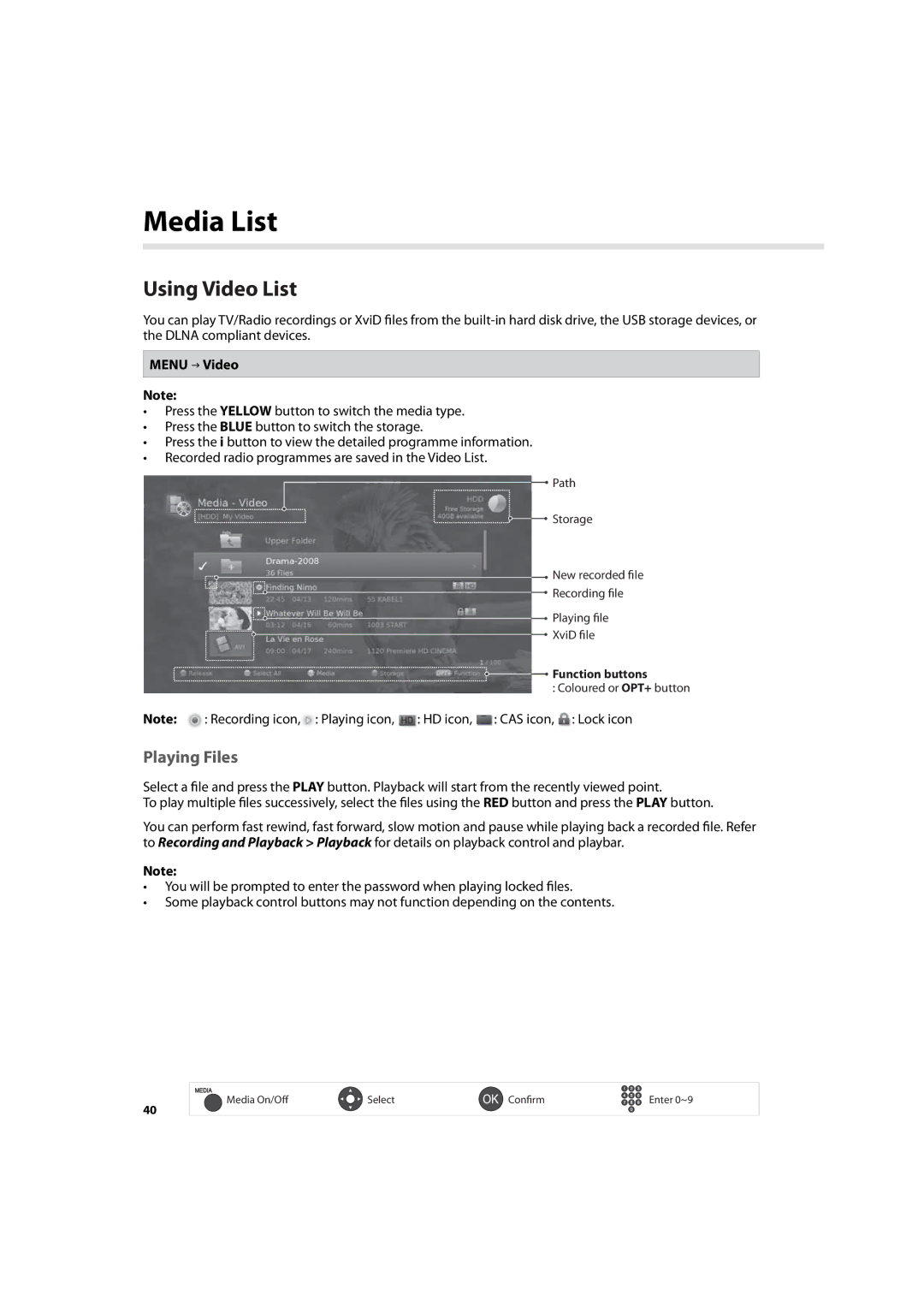 Humax IHDR-5200C user manual Using Video List, Playing Files, Menu Video 