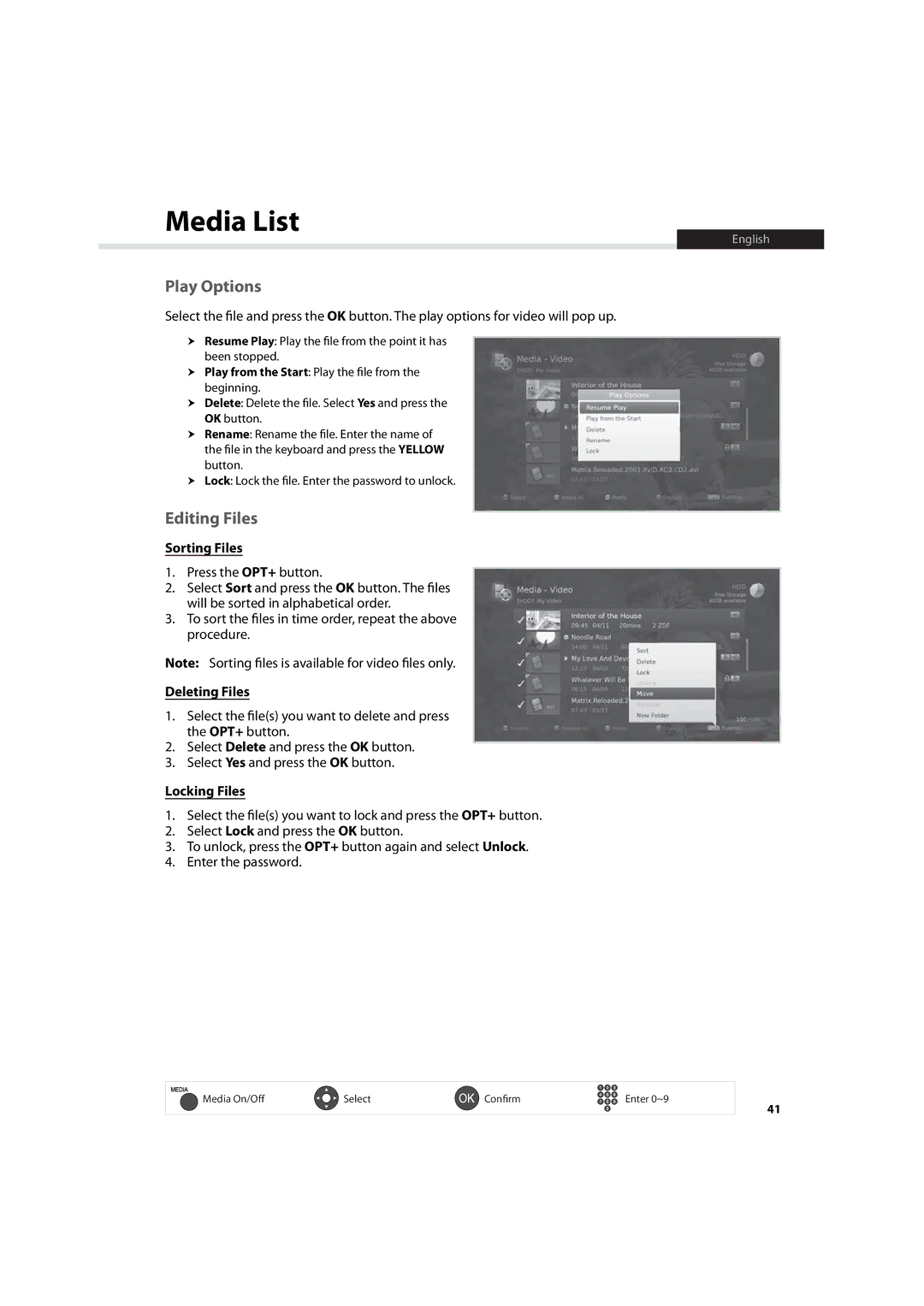 Humax IHDR-5200C user manual Play Options, Editing Files, Sorting Files, Deleting Files, Locking Files 