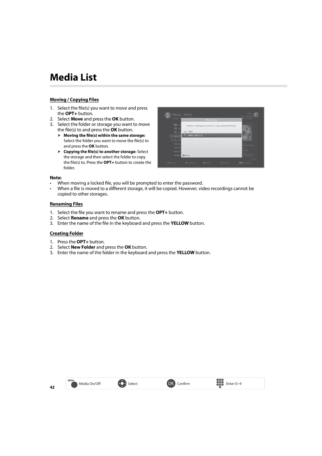 Humax IHDR-5200C user manual Moving / Copying Files, Renaming Files, Creating Folder 