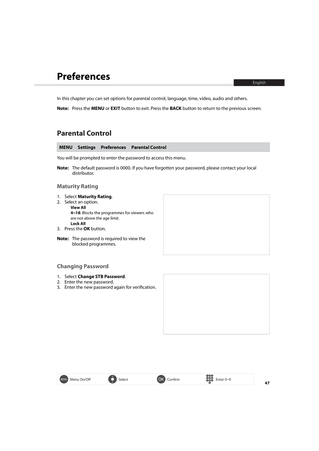 Humax IHDR-5200C user manual Preferences, Parental Control, Maturity Rating, Changing Password 