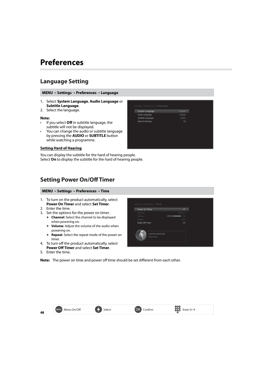 Humax IHDR-5200C Language Setting, Setting Power On/Off Timer, Setting Hard of Hearing, Menu Settings Preferences Time 