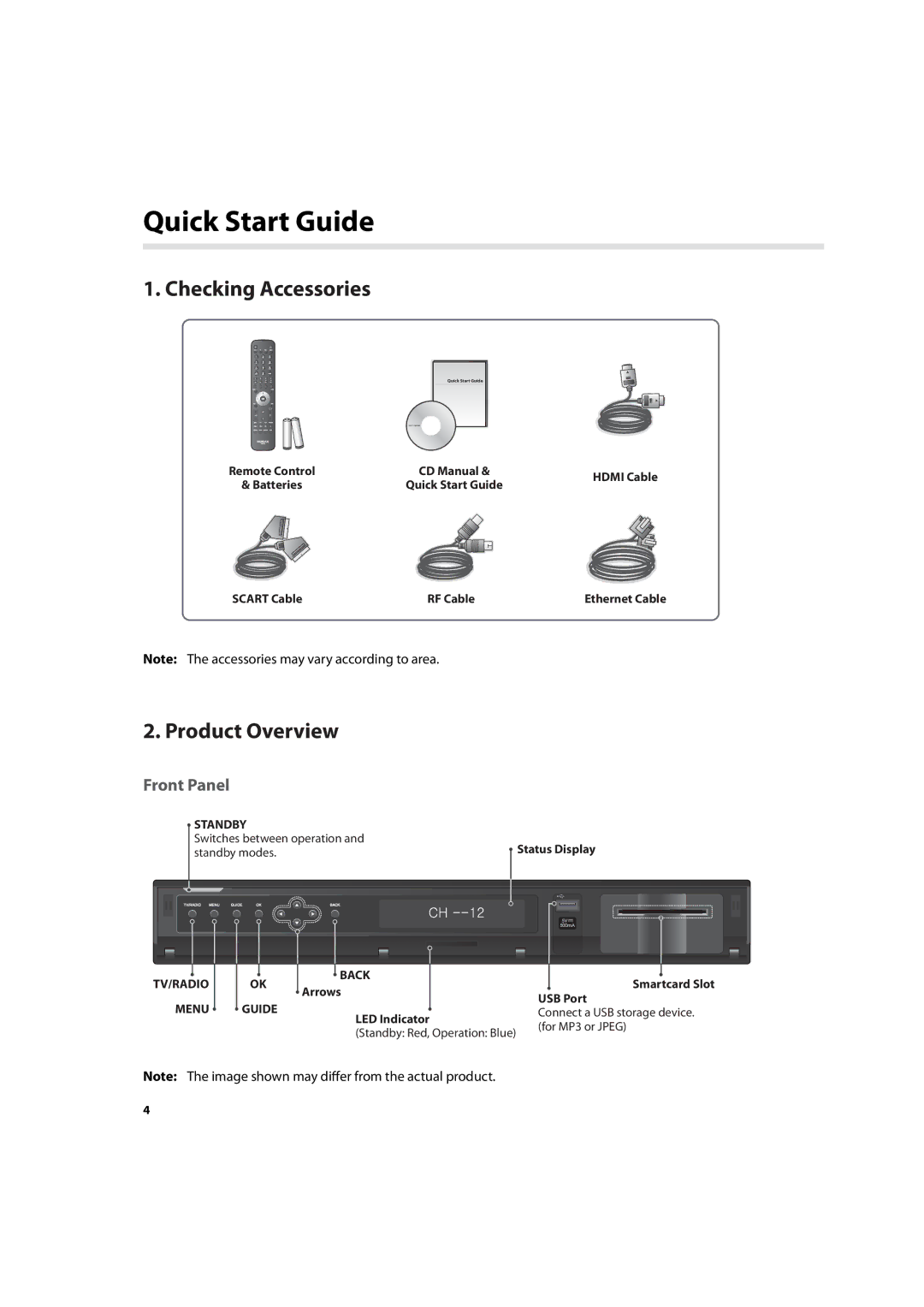 Humax IHDR-5200C user manual Quick Start Guide, Checking Accessories, Product Overview, Front Panel 