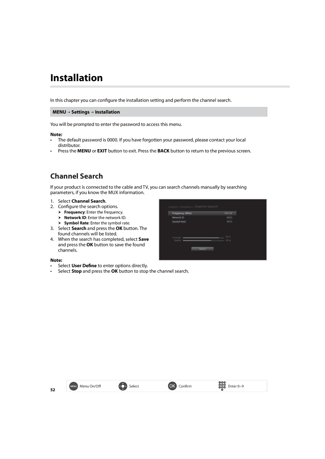 Humax IHDR-5200C user manual Menu Settings Installation, Select Channel Search 