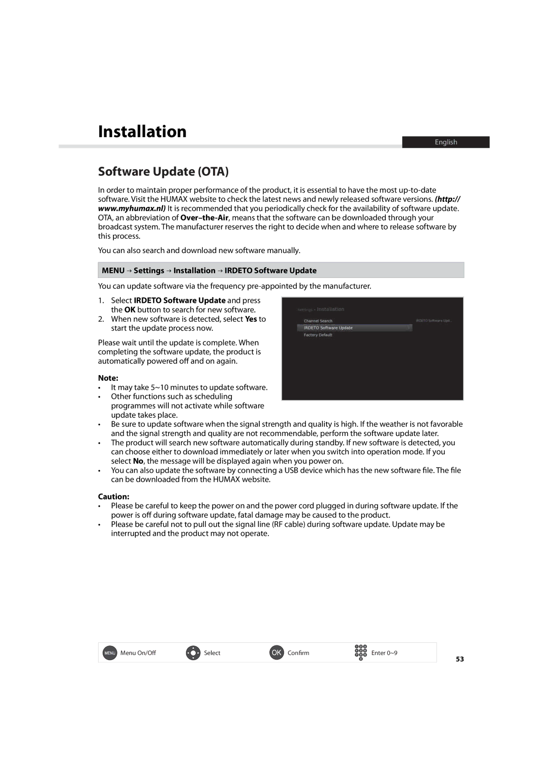 Humax IHDR-5200C user manual Software Update OTA, Menu Settings Installation Irdeto Software Update 