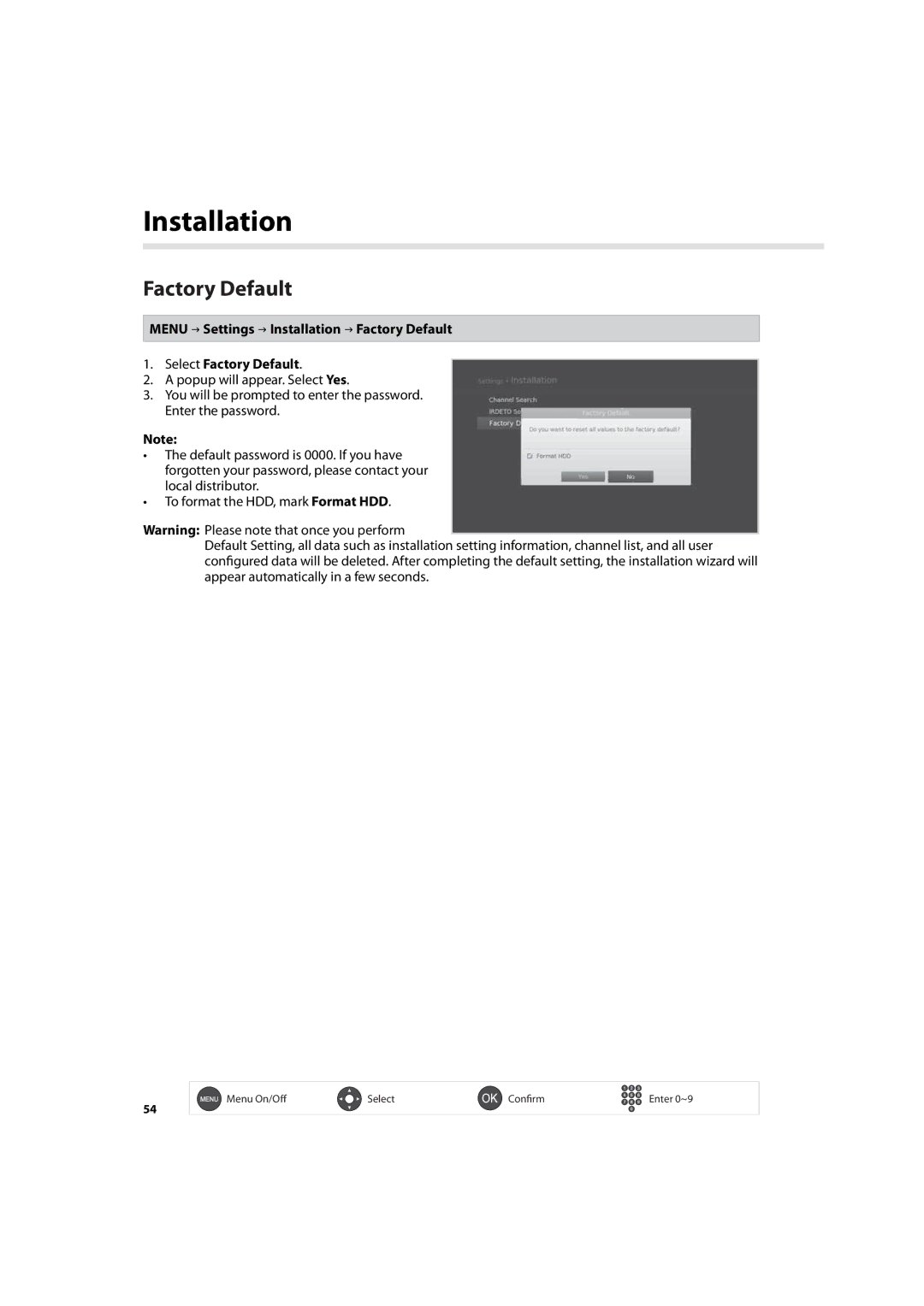 Humax IHDR-5200C user manual Factory Default 