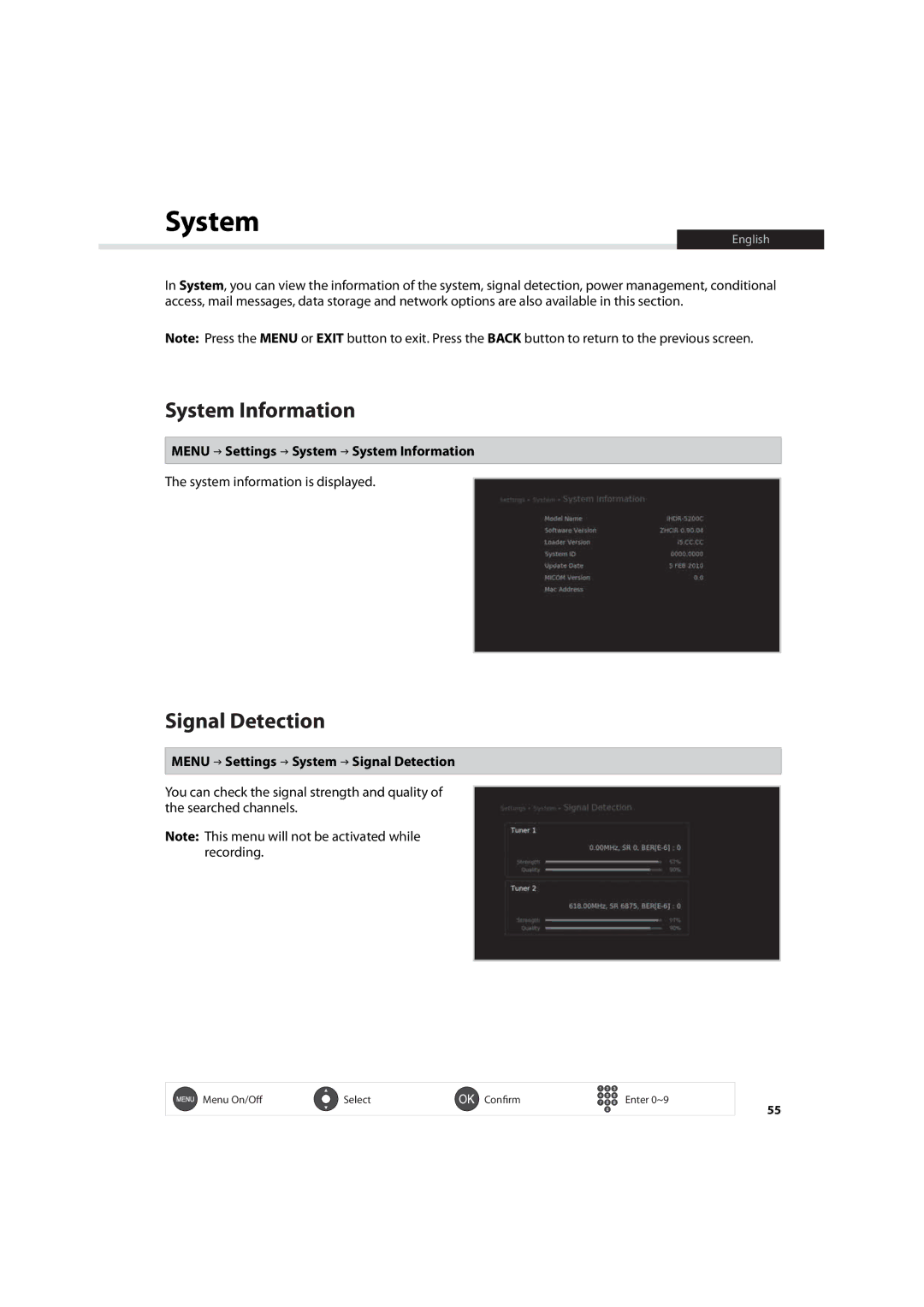 Humax IHDR-5200C user manual Menu Settings System System Information, Menu Settings System Signal Detection 