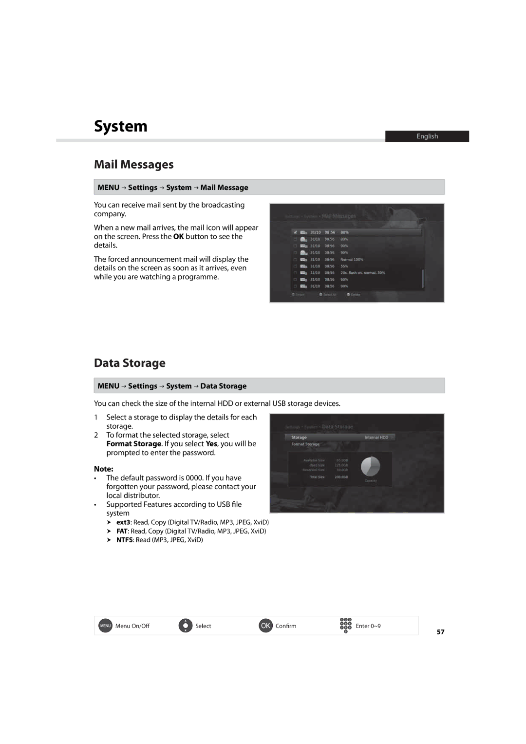 Humax IHDR-5200C user manual Mail Messages, Menu Settings System Mail Message, Menu Settings System Data Storage 