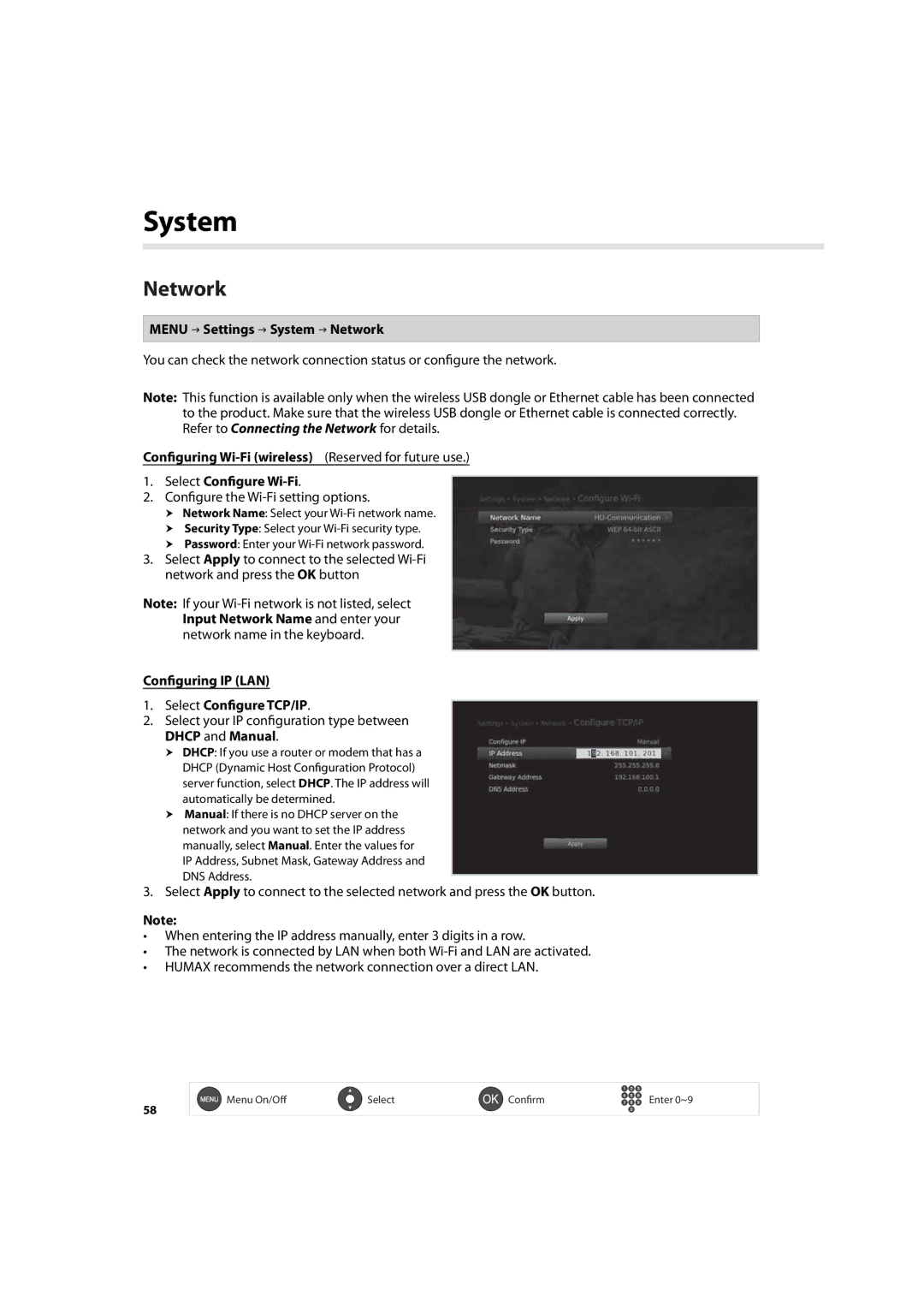 Humax IHDR-5200C user manual Menu Settings System Network, Configuring IP LAN Select Configure TCP/IP 