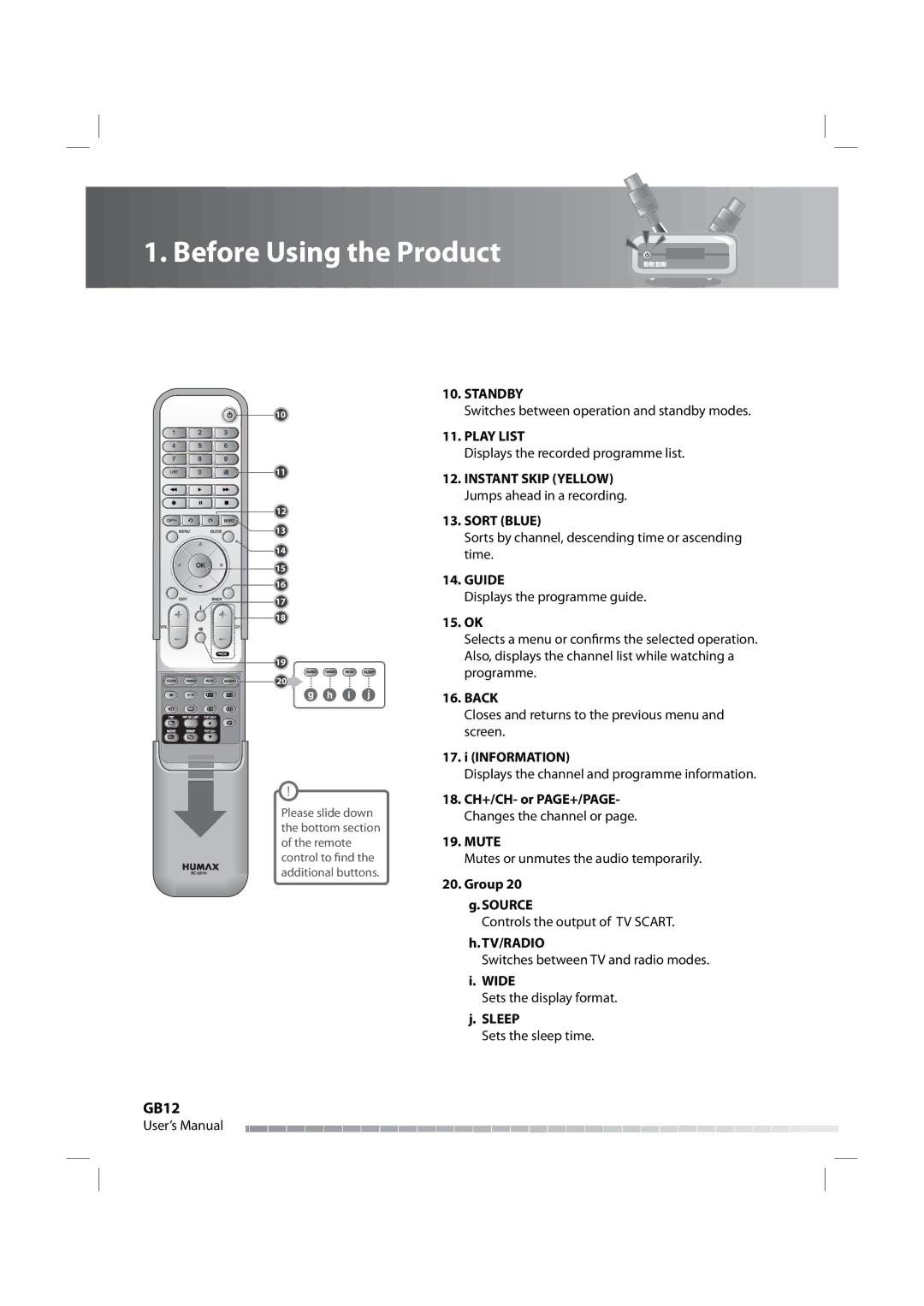 Humax iPVR-9200C manual GB12, Standby, Play List, Sort Blue, Guide 